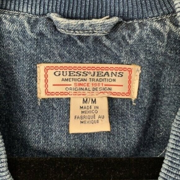 GUESS Originals Size M Asymmetric Denim Patchwork Bomber Jacket Jean - Picture 8 of 13